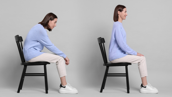 Side by side comparison of two women siting on identical black chairs. One of the left demonstrating poor posture. One on the right showing correct posture.