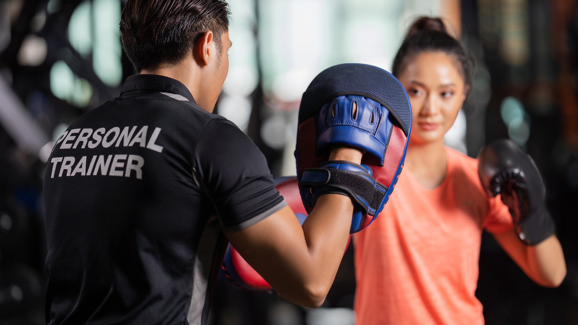 Personal trainer and client doing some boxing with gloves and pads
